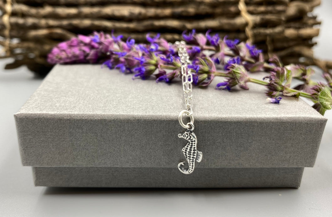 Seahorse charm skinny trace chain necklace in Sterling Silver