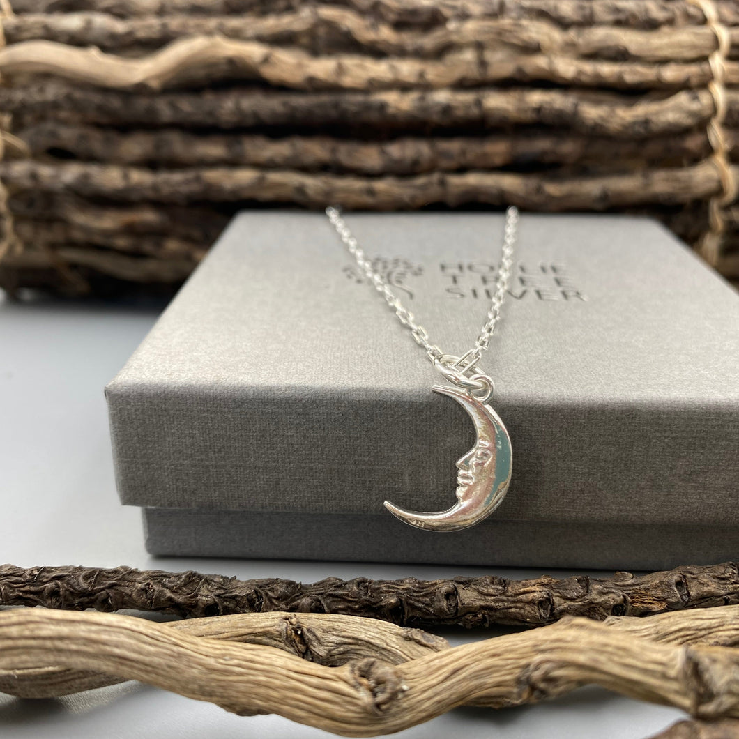 Moon charm skinny trace chain necklace in Sterling Silver
