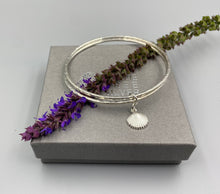 Load image into Gallery viewer, Sterling silver double dimple texture stacker bangle with scallop shell charm
