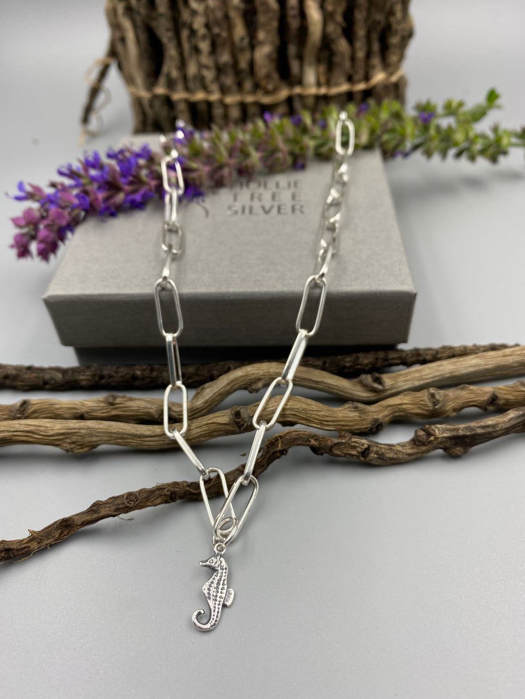Sterling silver seahorse charm chunky trace chain necklace