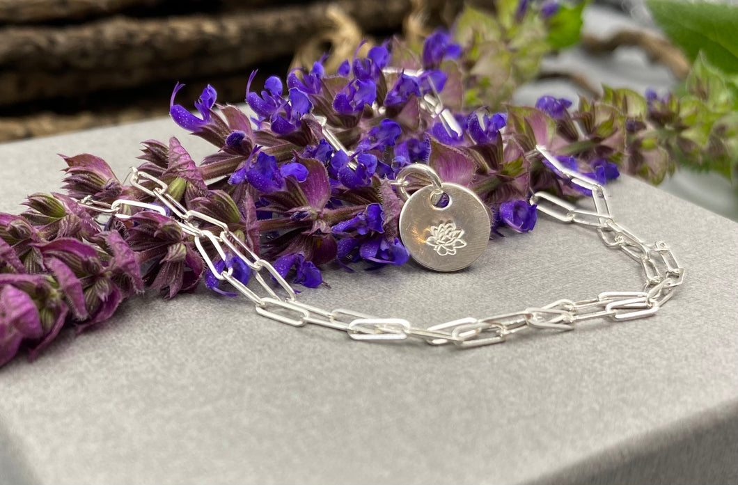 July lotus birthday flower skinny trace chain necklace in Sterling Silver