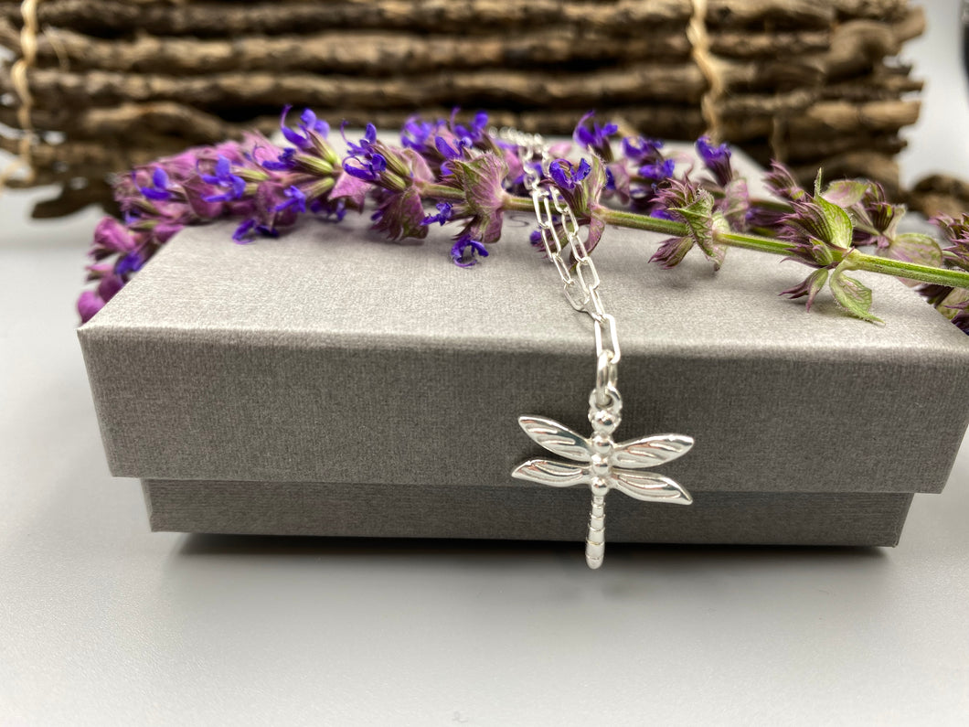 Dragonfly charm skinny trace chain necklace in Sterling Silver