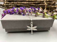 Load image into Gallery viewer, Dragonfly charm skinny trace chain necklace in Sterling Silver
